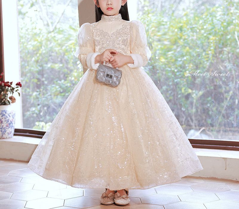 Elegant Winter Party Dresses for Girls with High Neck Long Sleeves and Rhinestone Lace