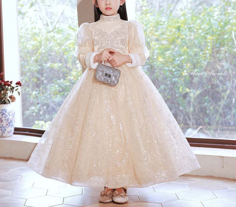 Elegant Winter Party Dresses for Girls with High Neck Long Sleeves and Rhinestone Lace