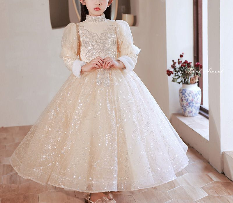 Elegant Winter Party Dresses for Girls with High Neck Long Sleeves and Rhinestone Lace