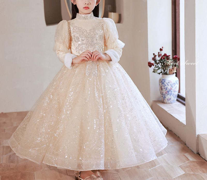 Elegant Winter Party Dresses for Girls with High Neck Long Sleeves and Rhinestone Lace