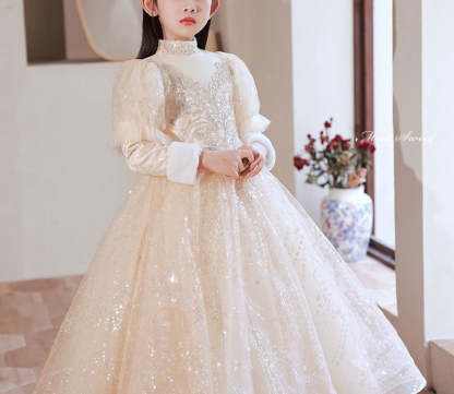 Elegant Winter Party Dresses for Girls with High Neck Long Sleeves and Rhinestone Lace