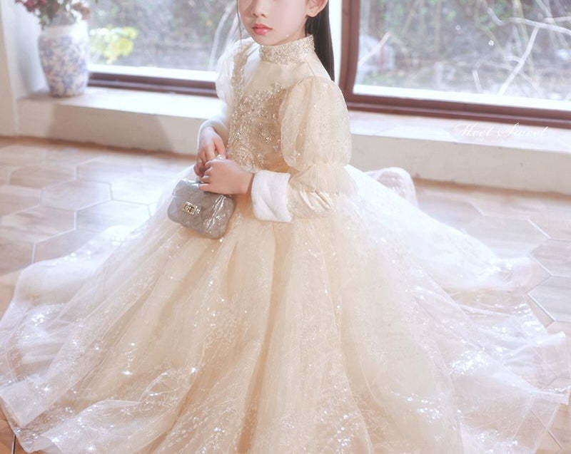 Elegant Winter Party Dresses for Girls with High Neck Long Sleeves and Rhinestone Lace