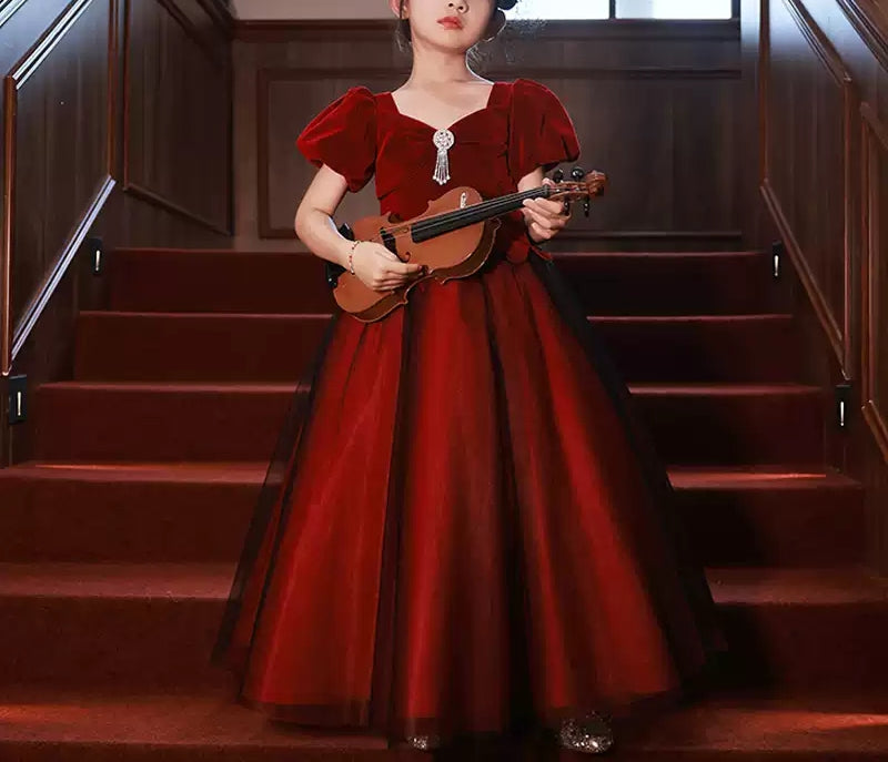 Princess A-Line Floor-Length Party Dress for Girls with V-Neck and Short Sleeves Adorned with Crystals-BMbridal.UK