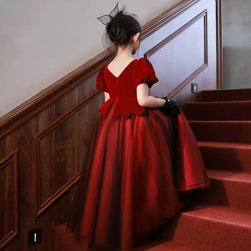 Princess A-Line Floor-Length Party Dress for Girls with V-Neck and Short Sleeves Adorned with Crystals-BMbridal.UK