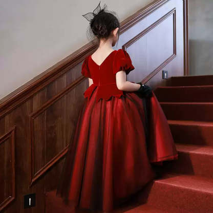 Princess A-Line Floor-Length Party Dress for Girls with V-Neck and Short Sleeves Adorned with Crystals-BMbridal.UK