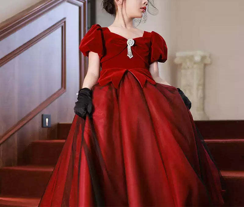 Princess A-Line Floor-Length Party Dress for Girls with V-Neck and Short Sleeves Adorned with Crystals-BMbridal.UK