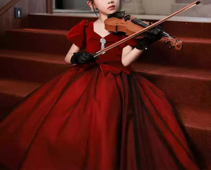 Princess A-Line Floor-Length Party Dress for Girls with V-Neck and Short Sleeves Adorned with Crystals-BMbridal.UK