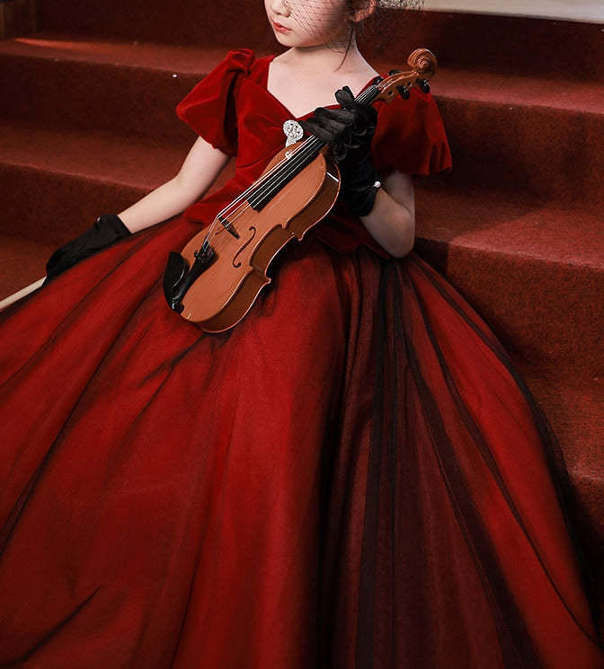 Princess A-Line Floor-Length Party Dress for Girls with V-Neck and Short Sleeves Adorned with Crystals-BMbridal.UK