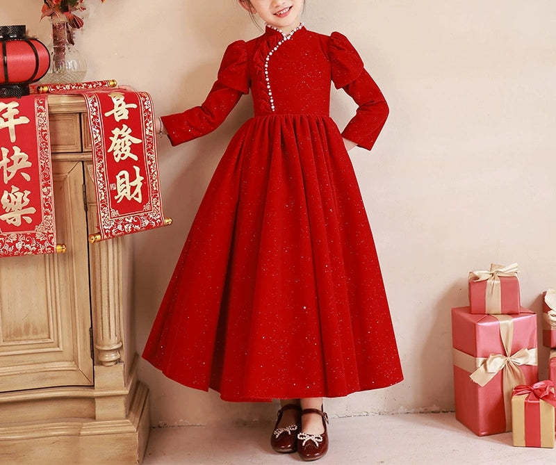 Red Floor-Length Party Dress with Beaded High Neck and Long Sleeves
