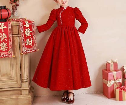 Red Floor-Length Party Dress with Beaded High Neck and Long Sleeves