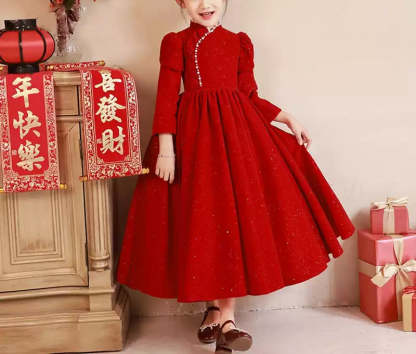 Red Floor-Length Party Dress with Beaded High Neck and Long Sleeves