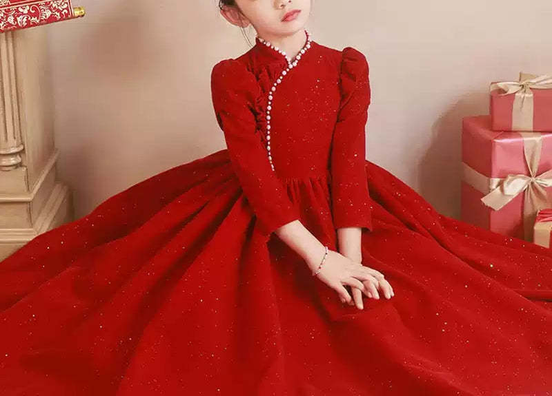 Red Floor-Length Party Dress with Beaded High Neck and Long Sleeves