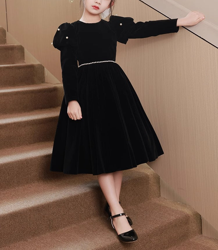 Black Girl Party Dress with Beading Sash: Tea-Length Round Neck Long Sleeves