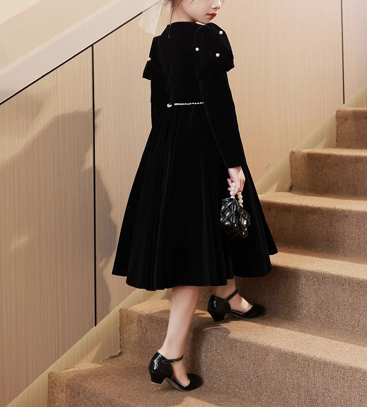 Black Girl Party Dress with Beading Sash: Tea-Length Round Neck Long Sleeves