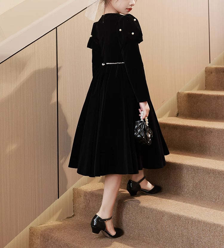 Black Girl Party Dress with Beading Sash: Tea-Length Round Neck Long Sleeves