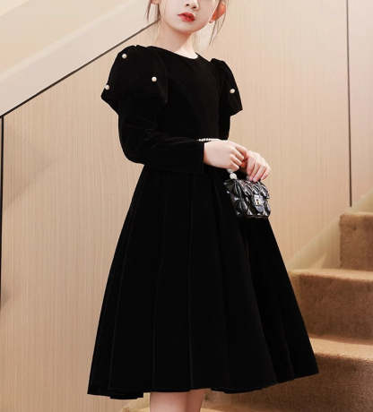Black Girl Party Dress with Beading Sash: Tea-Length Round Neck Long Sleeves