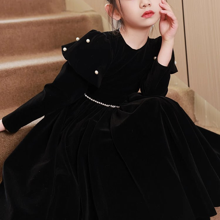 Black Girl Party Dress with Beading Sash: Tea-Length Round Neck Long Sleeves