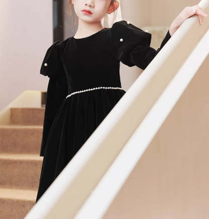 Black Girl Party Dress with Beading Sash: Tea-Length Round Neck Long Sleeves