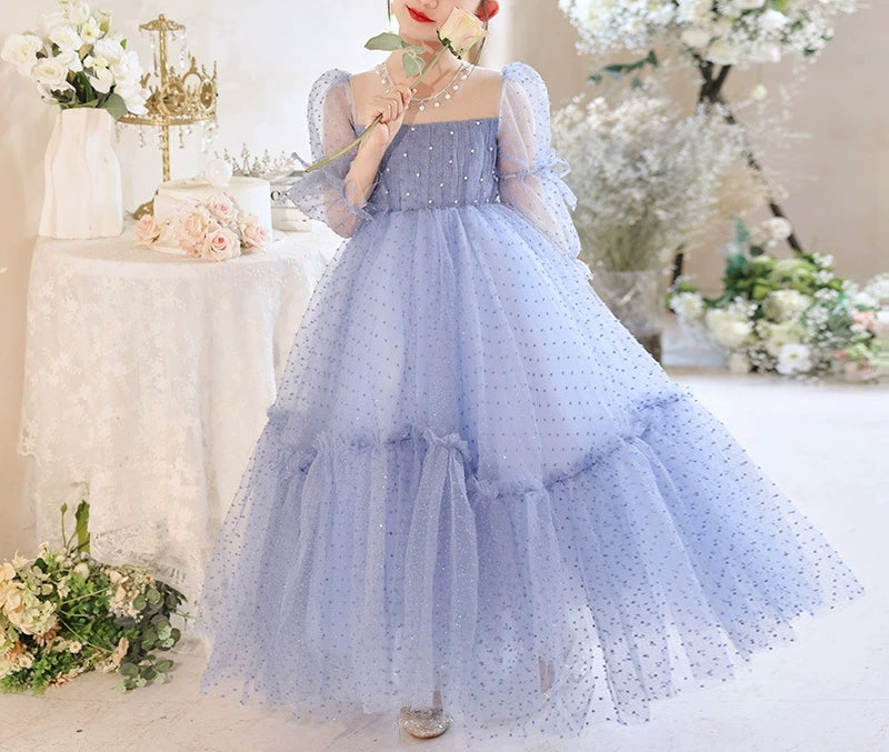 Princess A-Line Floor-Length Party Dress with Long Sleeves and Beadings