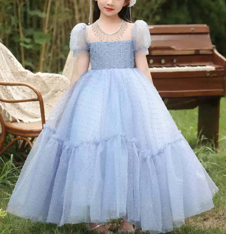 Short Sleeve Round Neck Beaded Floor-Length Party Dress for Girls