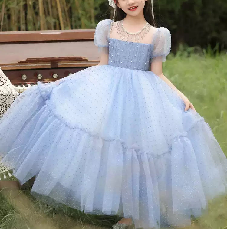 Short Sleeve Round Neck Beaded Floor-Length Party Dress for Girls