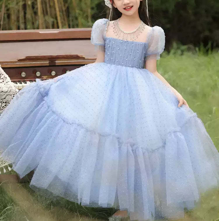 Short Sleeve Round Neck Beaded Floor-Length Party Dress for Girls