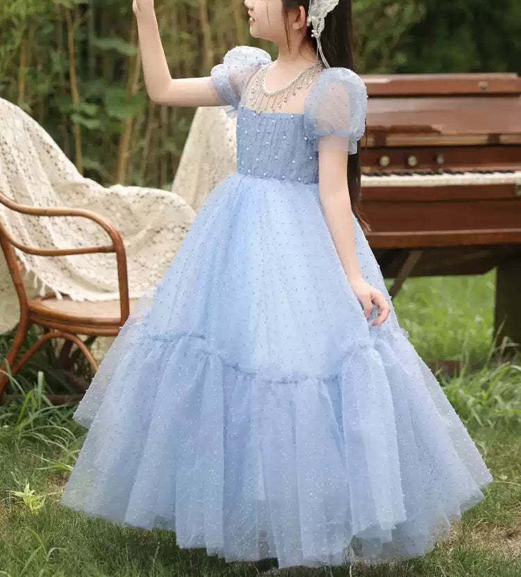 Short Sleeve Round Neck Beaded Floor-Length Party Dress for Girls
