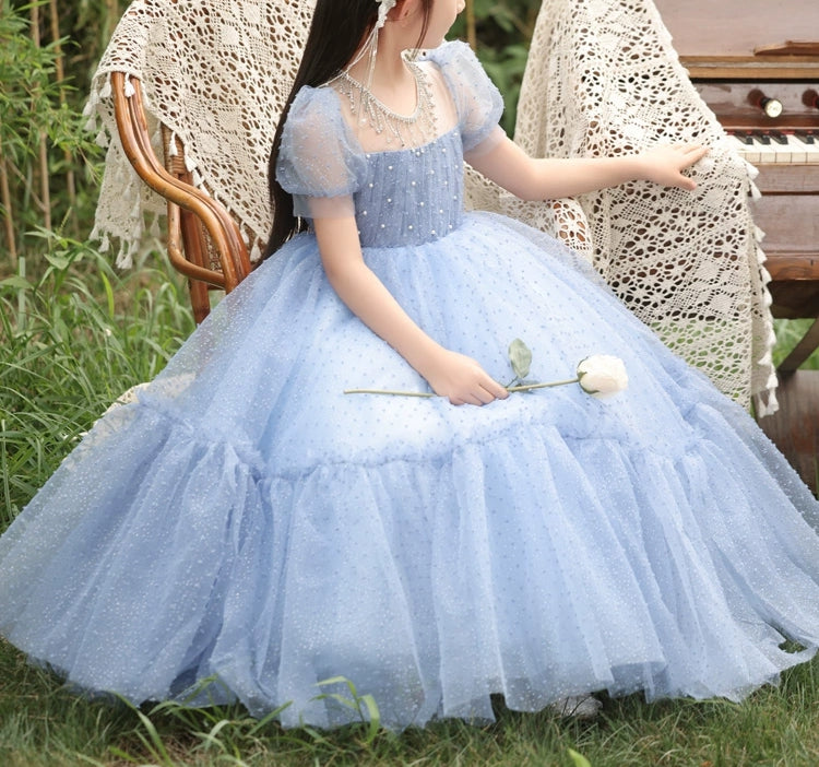 Short Sleeve Round Neck Beaded Floor-Length Party Dress for Girls