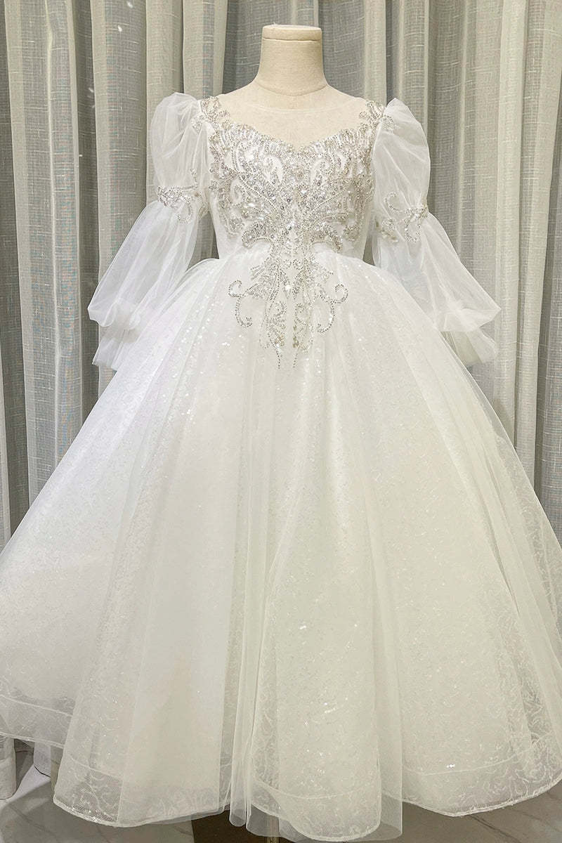 Lace Flower Girl Dress with Crystal Appliques Round Neck and Long Sleeves