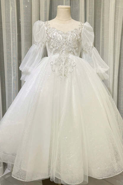 Lace Flower Girl Dress with Crystal Appliques Round Neck and Long Sleeves