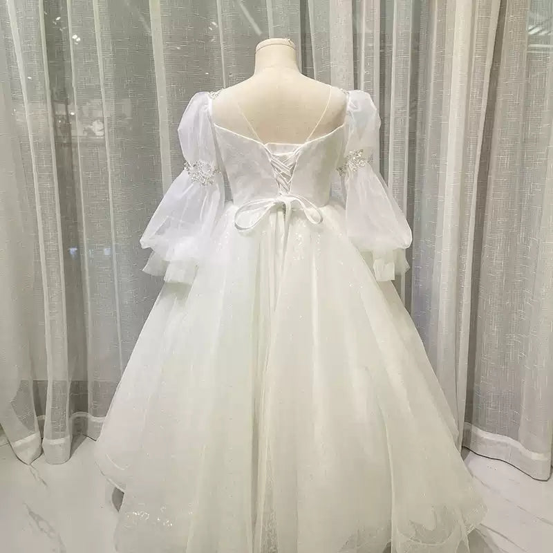 Lace Flower Girl Dress with Crystal Appliques Round Neck and Long Sleeves