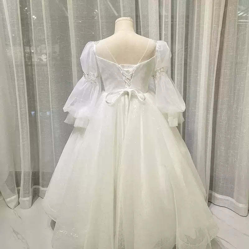Lace Flower Girl Dress with Crystal Appliques Round Neck and Long Sleeves