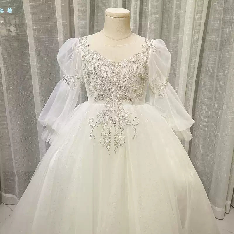 Lace Flower Girl Dress with Crystal Appliques Round Neck and Long Sleeves