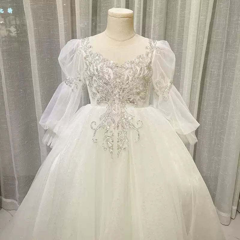 Lace Flower Girl Dress with Crystal Appliques Round Neck and Long Sleeves