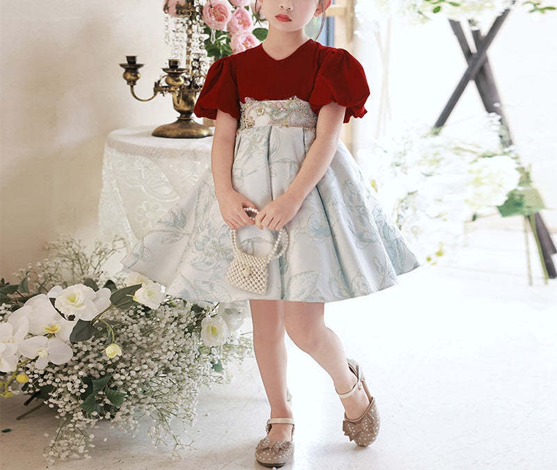 Knee-Length V-Neck Party Dress for Girls with Short Sleeves and Embroidery Appliques