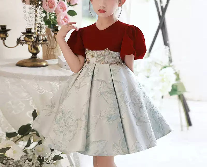 Knee-Length V-Neck Party Dress for Girls with Short Sleeves and Embroidery Appliques
