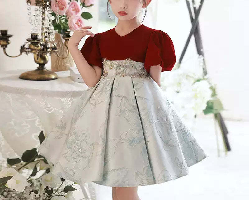 Knee-Length V-Neck Party Dress for Girls with Short Sleeves and Embroidery Appliques