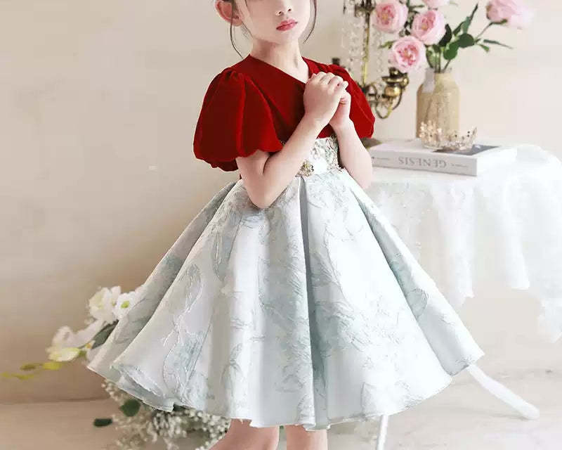 Knee-Length V-Neck Party Dress for Girls with Short Sleeves and Embroidery Appliques