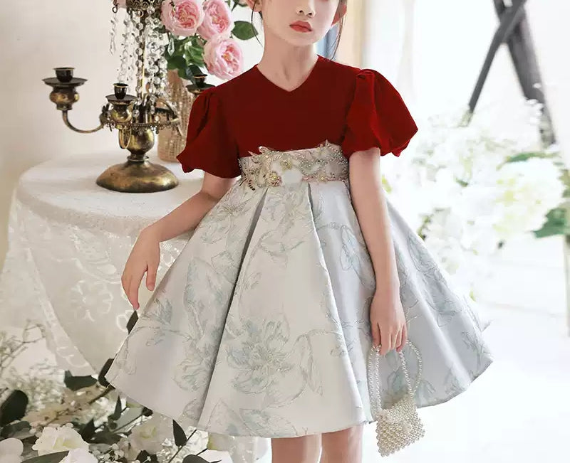 Knee-Length V-Neck Party Dress for Girls with Short Sleeves and Embroidery Appliques