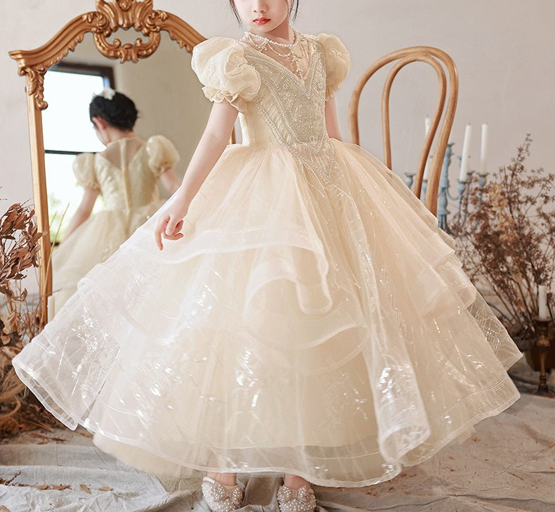 Short Sleeve Round Neck Ball Gown with Beading and Rhinestones for Flower Girls