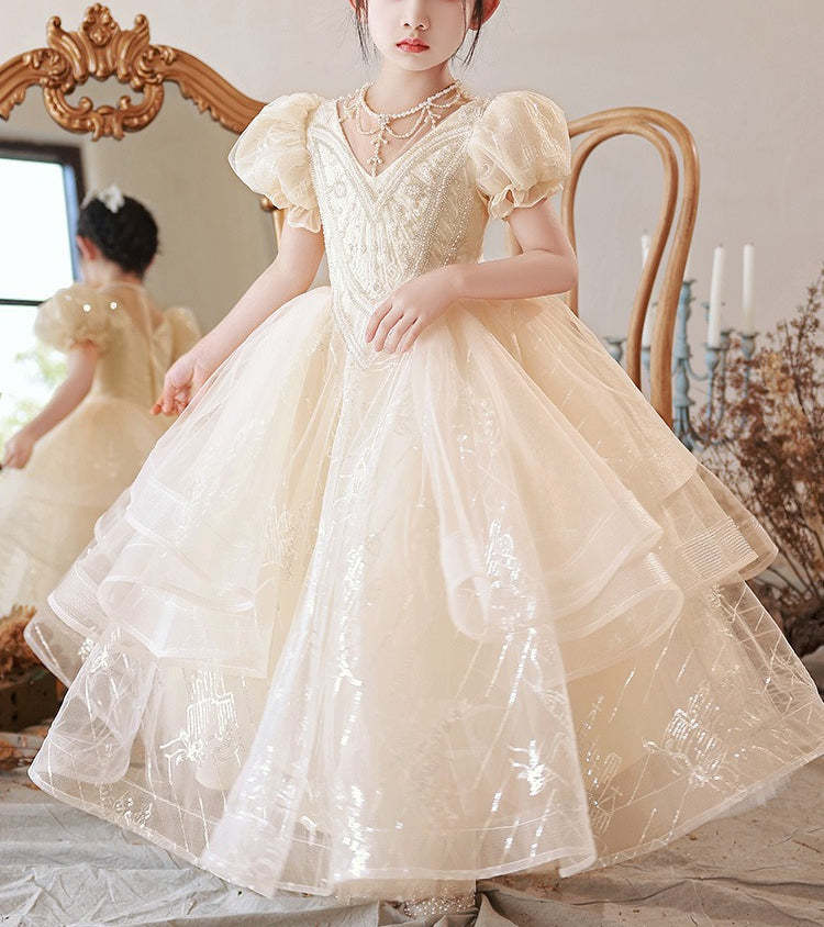 Short Sleeve Round Neck Ball Gown with Beading and Rhinestones for Flower Girls