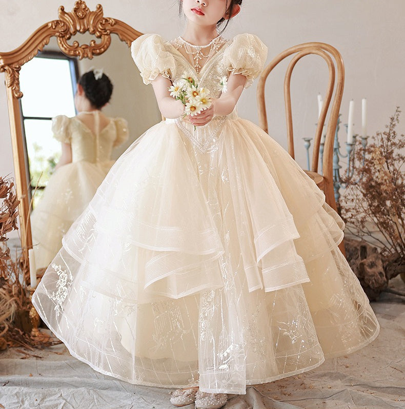 Short Sleeve Round Neck Ball Gown with Beading and Rhinestones for Flower Girls