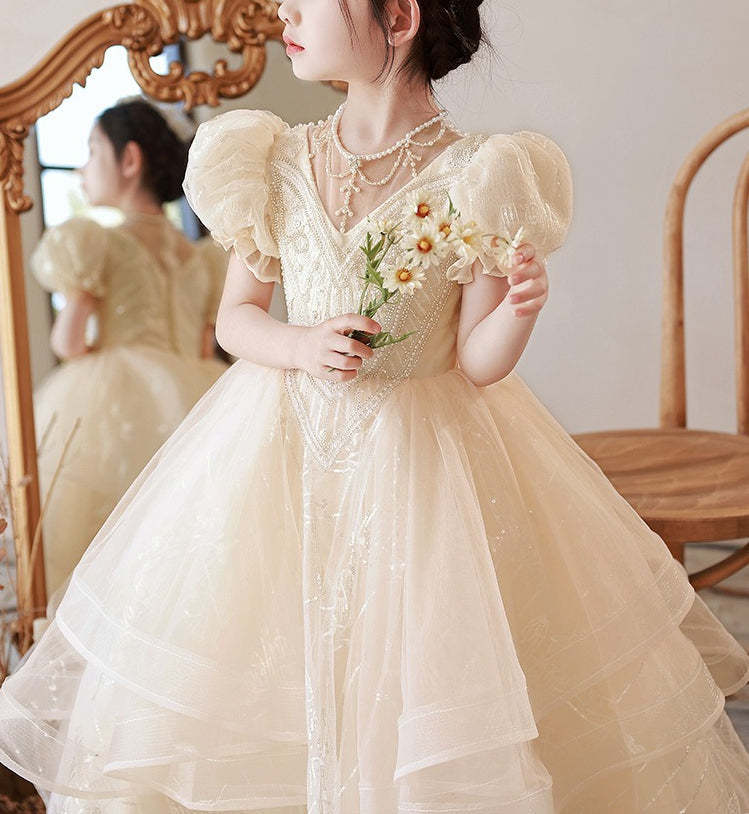 Short Sleeve Round Neck Ball Gown with Beading and Rhinestones for Flower Girls