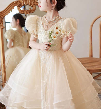 Short Sleeve Round Neck Ball Gown with Beading and Rhinestones for Flower Girls