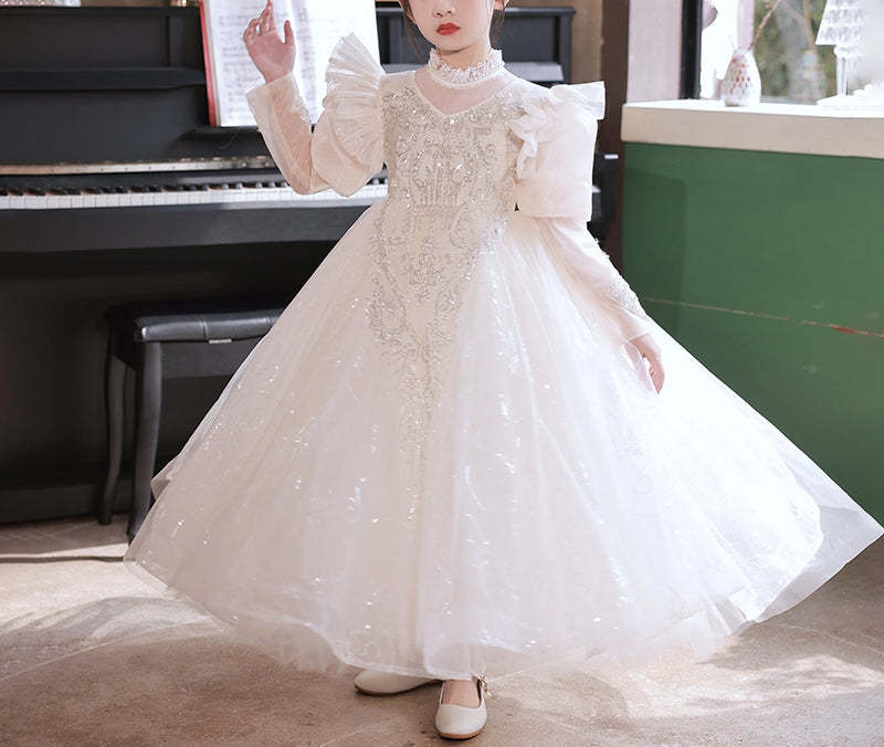Long-Sleeved Princess A-Line Flower Girl Dress with Rhinestone and Lace Appliques