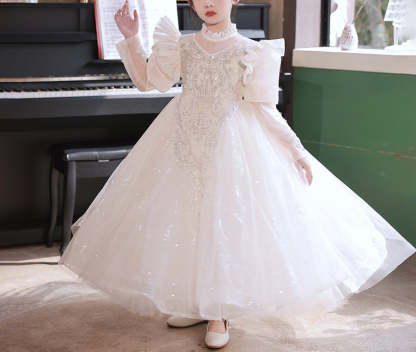Long-Sleeved Princess A-Line Flower Girl Dress with Rhinestone and Lace Appliques