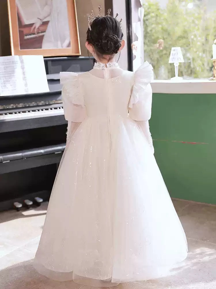 Long-Sleeved Princess A-Line Flower Girl Dress with Rhinestone and Lace Appliques