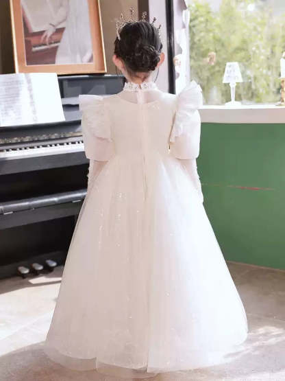 Long-Sleeved Princess A-Line Flower Girl Dress with Rhinestone and Lace Appliques