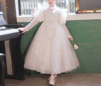 Long-Sleeved Princess A-Line Flower Girl Dress with Rhinestone and Lace Appliques