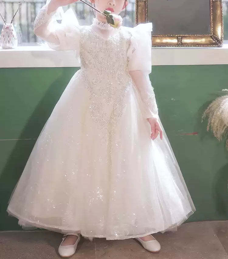 Long-Sleeved Princess A-Line Flower Girl Dress with Rhinestone and Lace Appliques